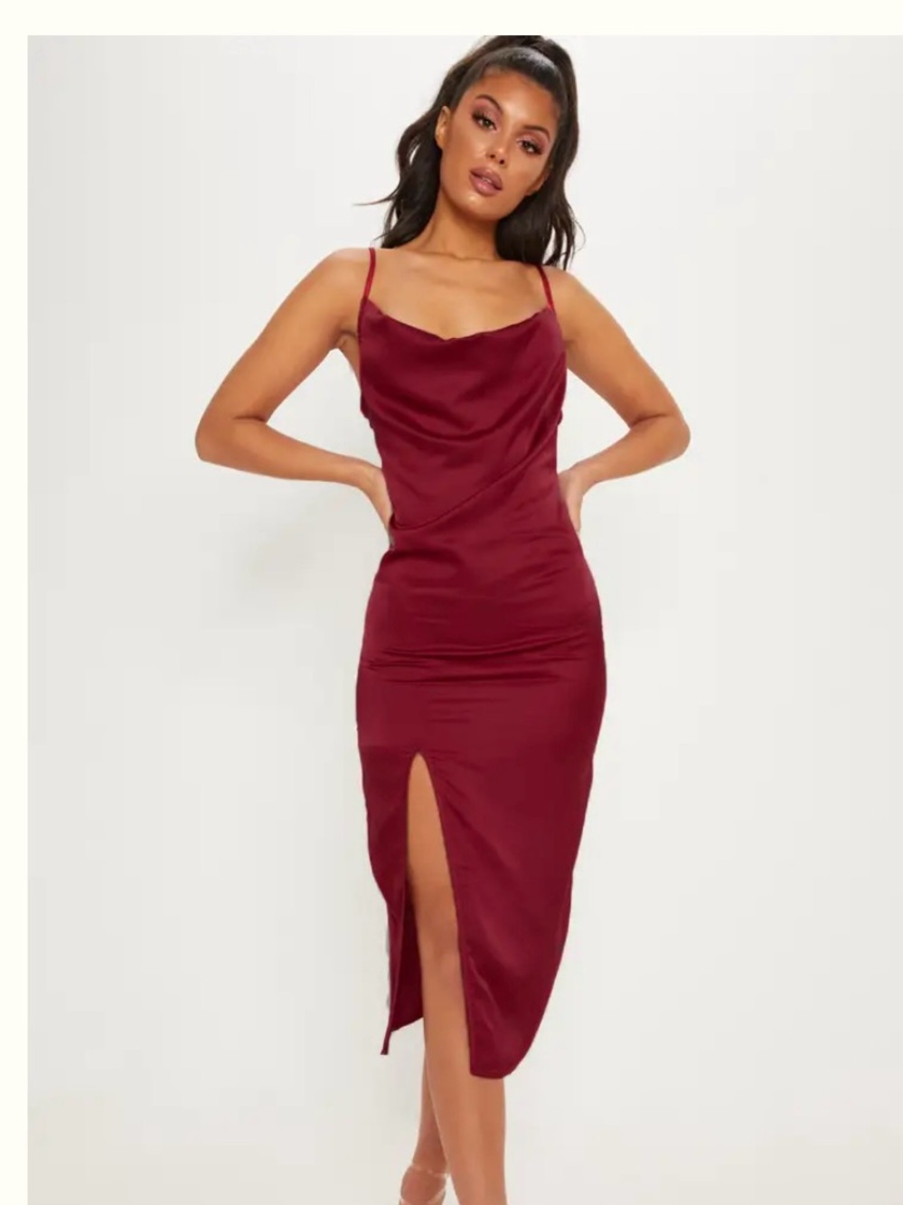 Pretty Little Thing Satin Cowl Neck Slip Dress in Deep Red